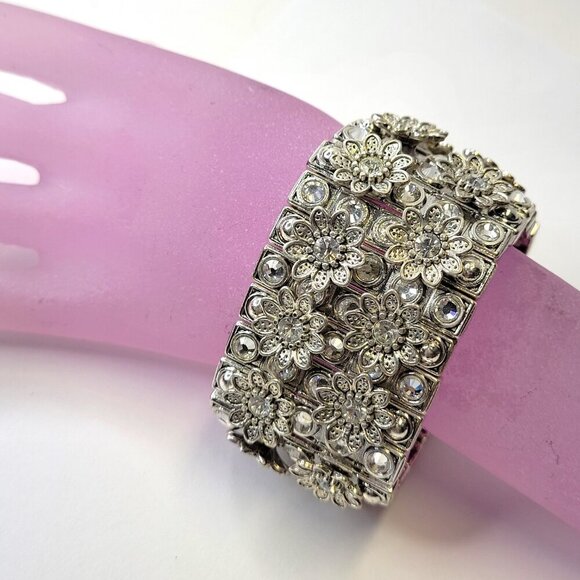 Silver Tone Floral Crystal Stretch Bracelet - Picture 2 of 7